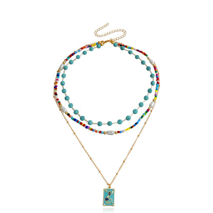 Jewelry Bohemian double-layer colored rice beads turquoise necklace female geometric trendy matching accessories