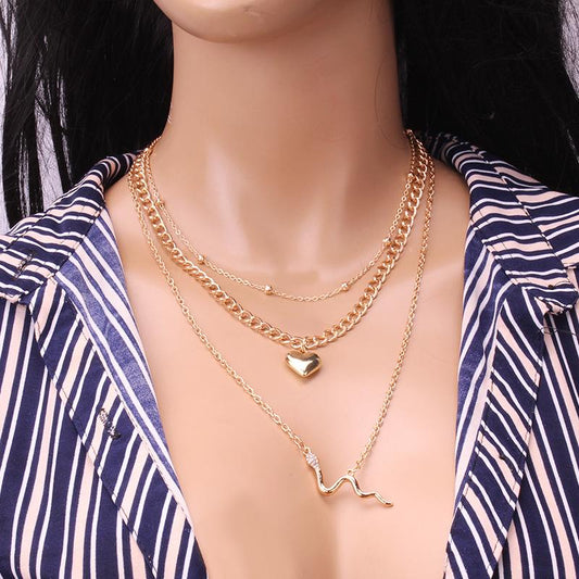 Diamond-encrusted snake pendant collarbone chain simple personality flat peach heart accessories multi-layer necklace