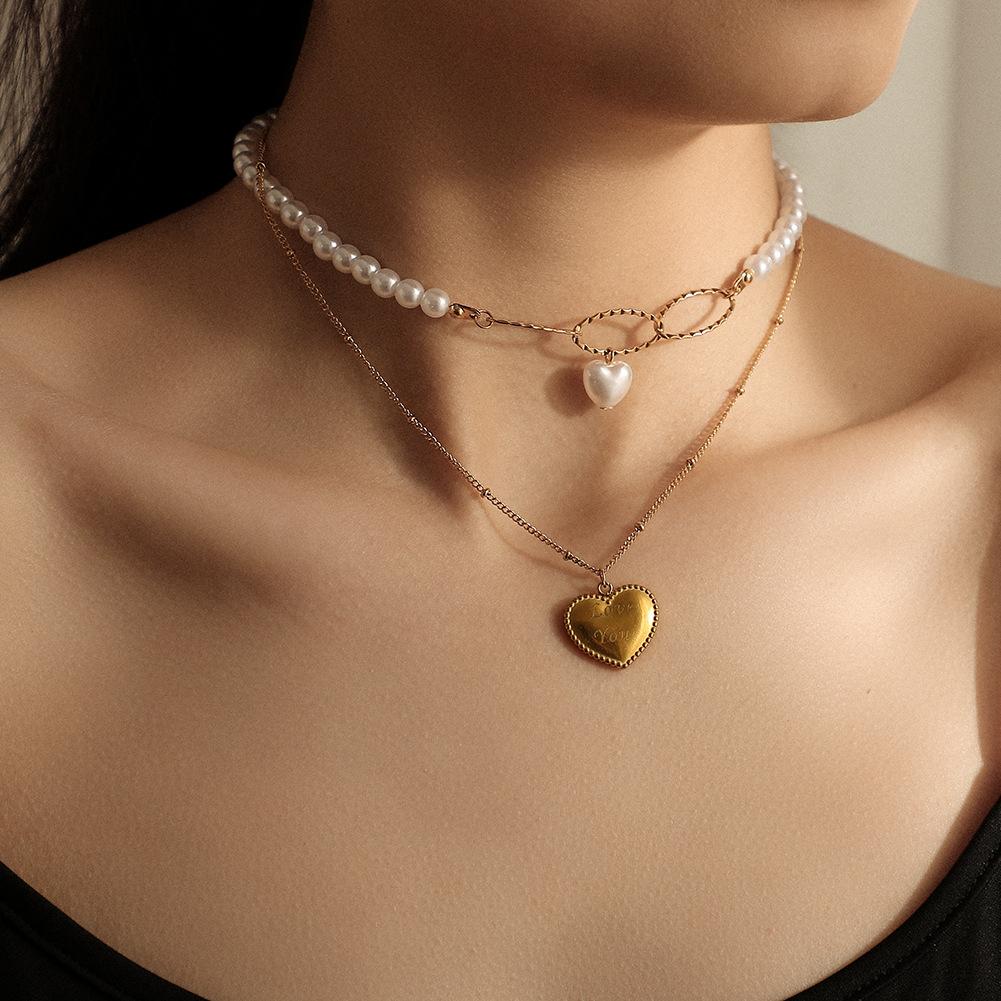 Young luxury accessories temperament niche pearl clavicle chain love love pendant double layer necklace necklace