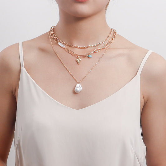Jewelry trendy multi-layer special-shaped imitation pearl love pendant necklace female ins explosion