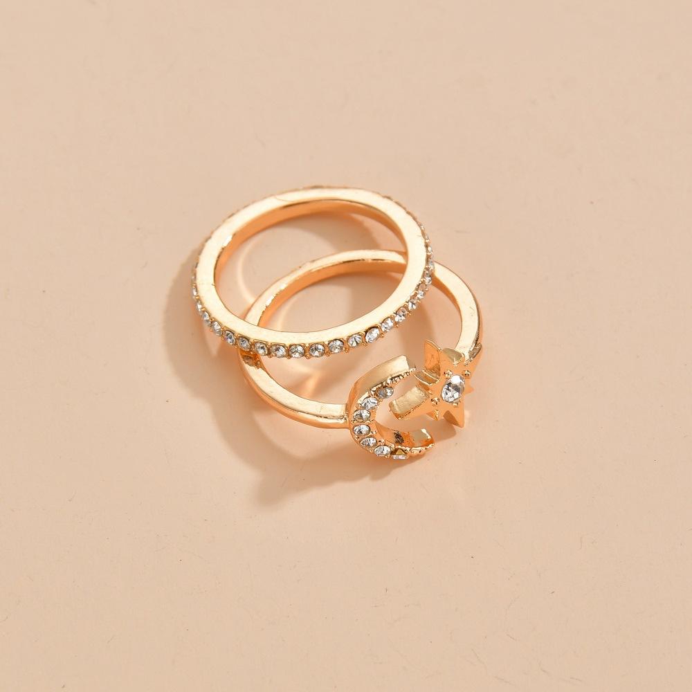 Fashion Simple Alloy Rhinestone Star Moon Two-Piece Ring Set Ladies Accessories