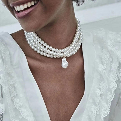Multilayer Imitation Pearl Opposite Sex Pendant Necklace Geometric Beaded Choker Jewelry
