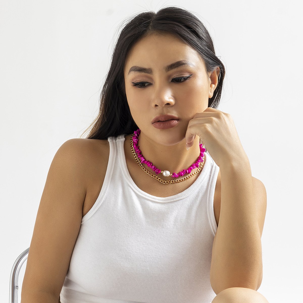 Jewelry Fashion Ethnic Double Layered Turquoise Necklace Hip Hop Sweet Cool Metal Chain Necklace