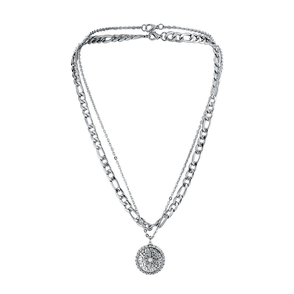 Trendy Men's Personality High Sense Simple Fashion Double Sun Hammer Pattern Coin Pendant Necklace Necklace