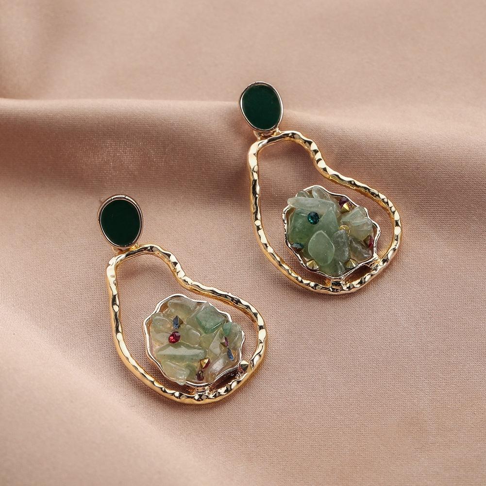 Irregular geometric fashion hollow green aventurine crushed stone earrings personality dripping oil gourd earrings