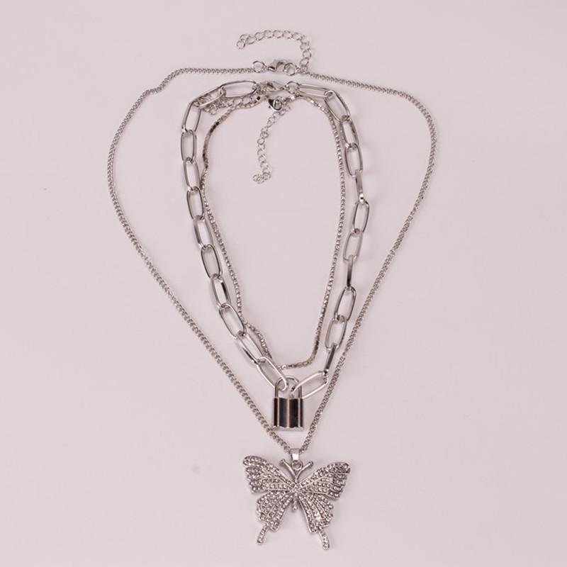 Jewelry Retro Geometric Lock Shape Simple Chain Multilayer Necklace Big Butterfly Micro-inlaid Set