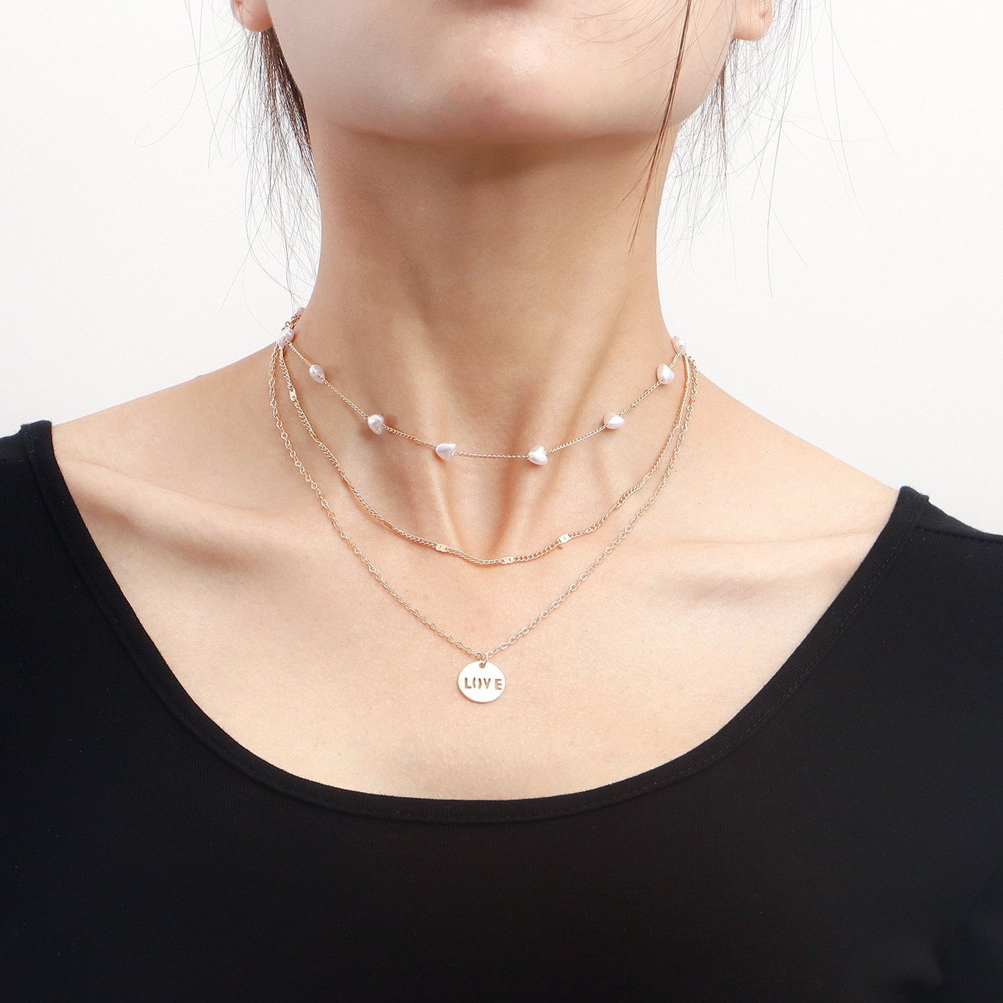 Jewelry fashion multi-layer small hole chain LOVE round pendant necklace female love imitation pearl necklace