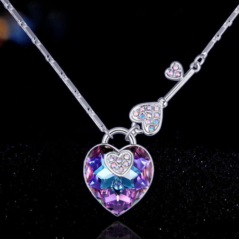 Fashion Ladies Key Love Shape Color Crystal Pendant Necklace Temperament Jewelry