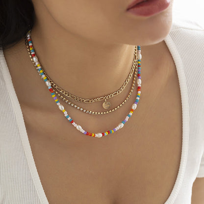 Jewelry Claw Chain Metal Alphabet Sequin Necklace Ethnic Color Rice Beads Imitation Pearl Multilayer Necklace