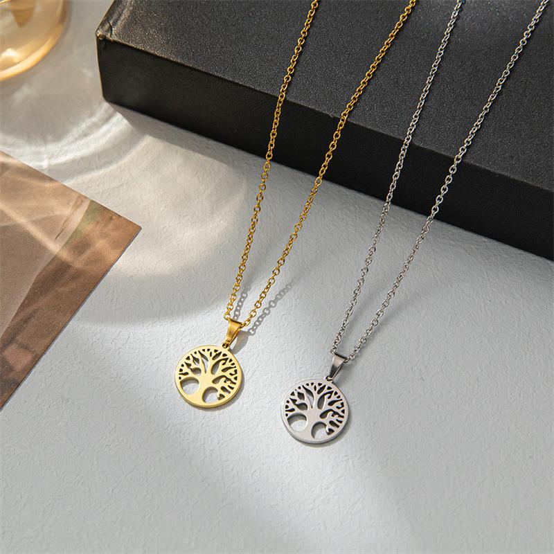 Stainless Steel Necklace Tree of Life Hollow Clavicle Chain Round Pendant Personalized Peace Tree Necklace