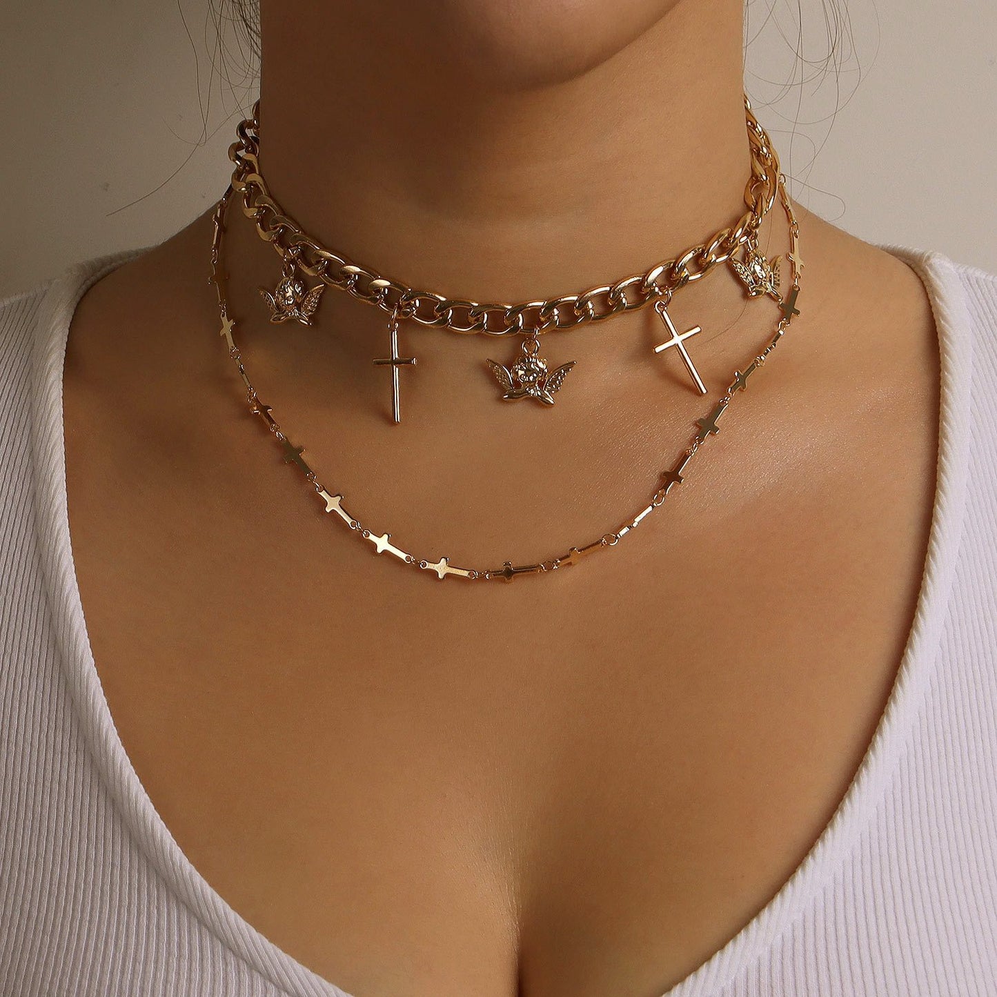 Jewelry Cross Angel Wings Pendant Necklace Double Layer Fashion Trend Metal Necklace