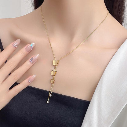 Necklace net red explosion style does not fade titanium steel necklace three-dimensional butterfly tassel pendant clavicle chain