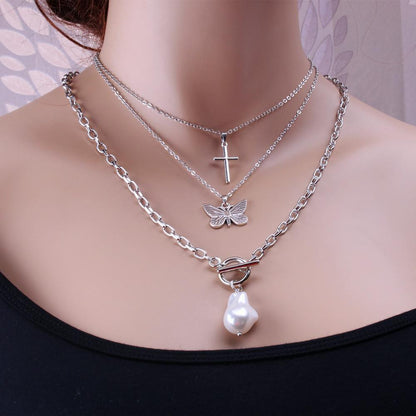 Jewelry Retro Multi-layer Cross Baroque Pearl Butterfly Necklace Female Detachable Three-piece Set