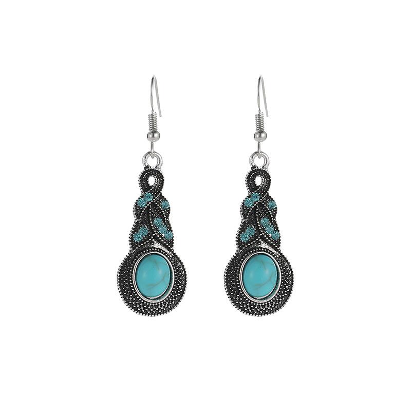 Trendy Vintage Pattern Blue Crystal Embellished Turquoise Drop Earrings Boho Statement Earrings