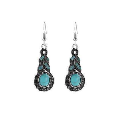 Trendy Vintage Pattern Blue Crystal Embellished Turquoise Drop Earrings Boho Statement Earrings