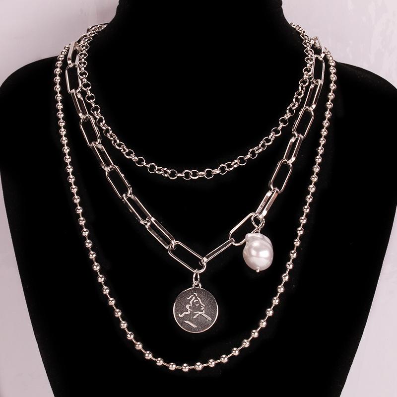 Fashion special-shaped pearl portrait coin decoration ins cold temperament double-layer set chain