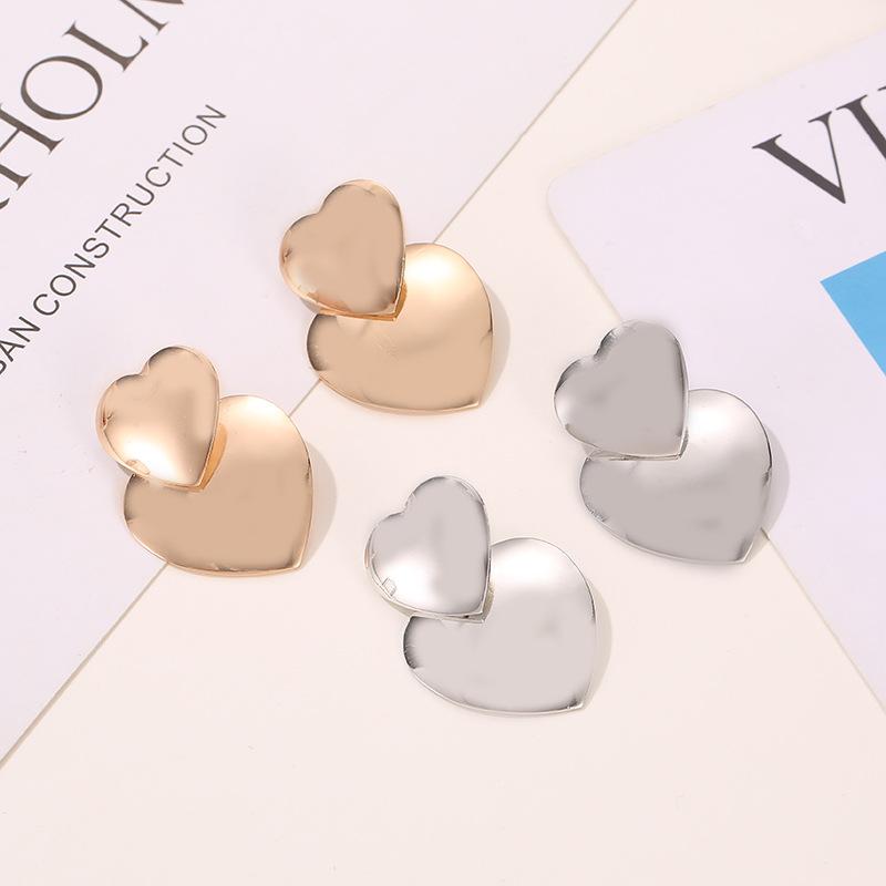 Fashion simple mirror love earrings female cold exaggerated metal sweet double heart earrings earrings