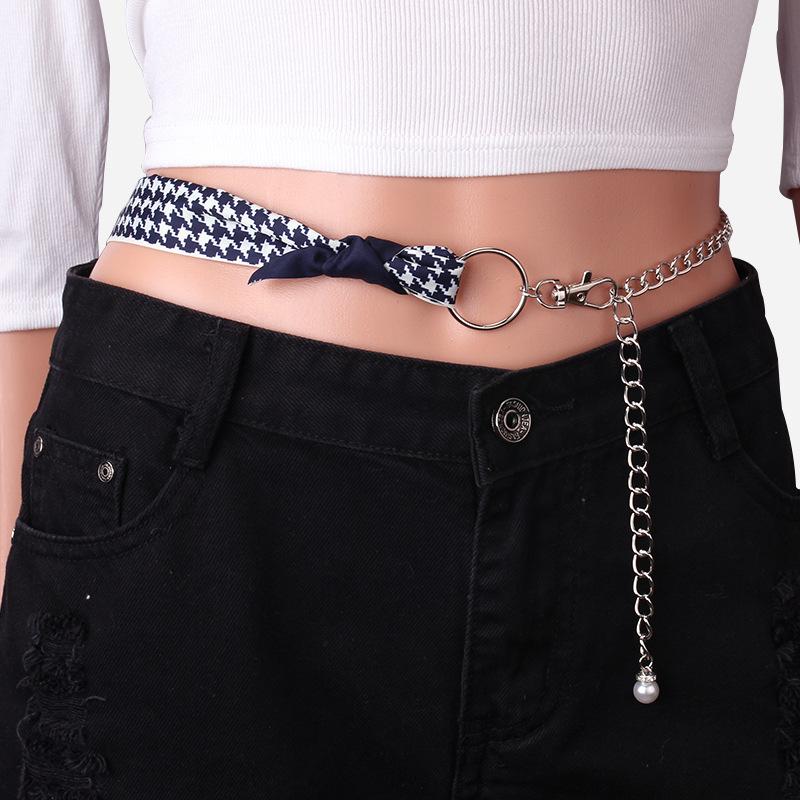 Elegant personality and versatile double-sided printed silk scarf waist chain metal alloy chain pants with pearl pendants