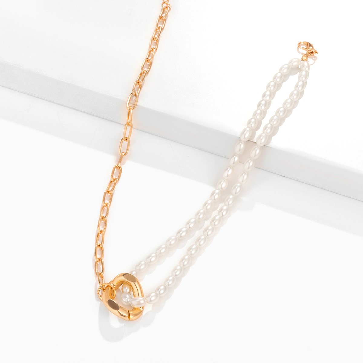 Jewelry Temperament Simple Rice Grain Pearl Clavicle Necklace Hip Hop Retro Metal Buckle Chain Necklace
