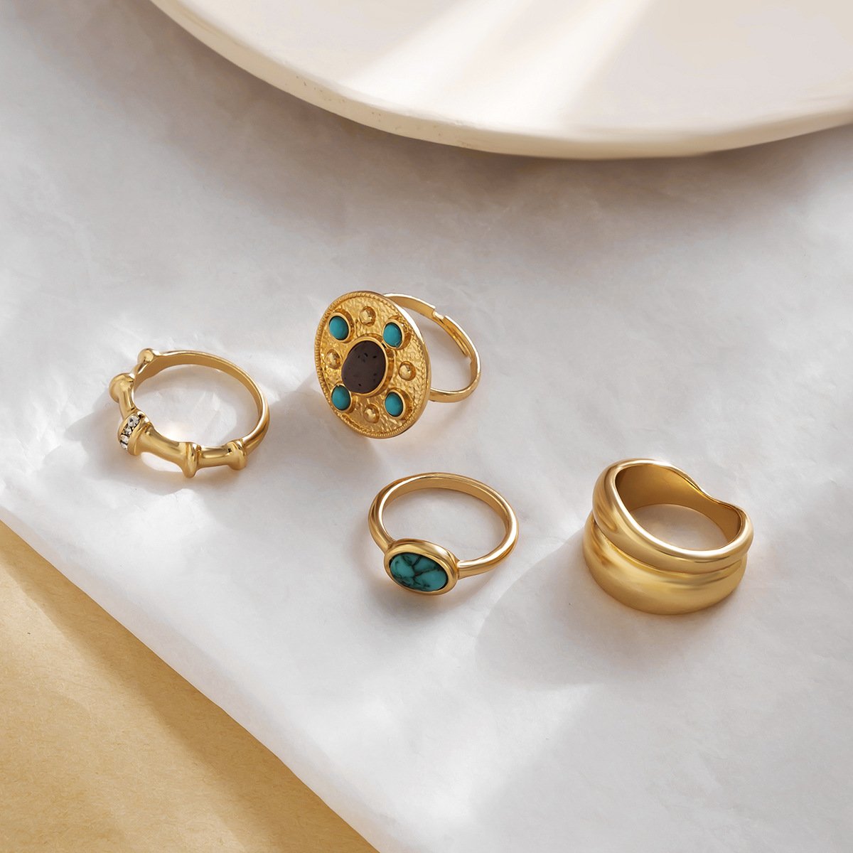 Retro court inlaid turquoise ring set metal texture bamboo ring index finger ring female