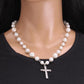 Stainless Steel Clavicle Chain Glass Pearl Set Diamond Cross Pendant Decorative Necklace