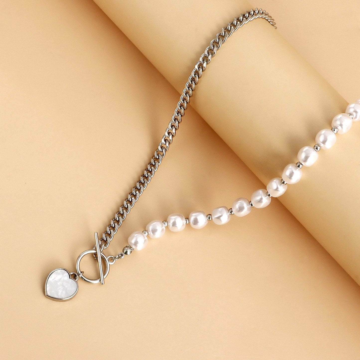 Jewelry stitching chain imitation pearl necklace love mother-of-pearl beaded necklace female clavicle chain light luxury feeling