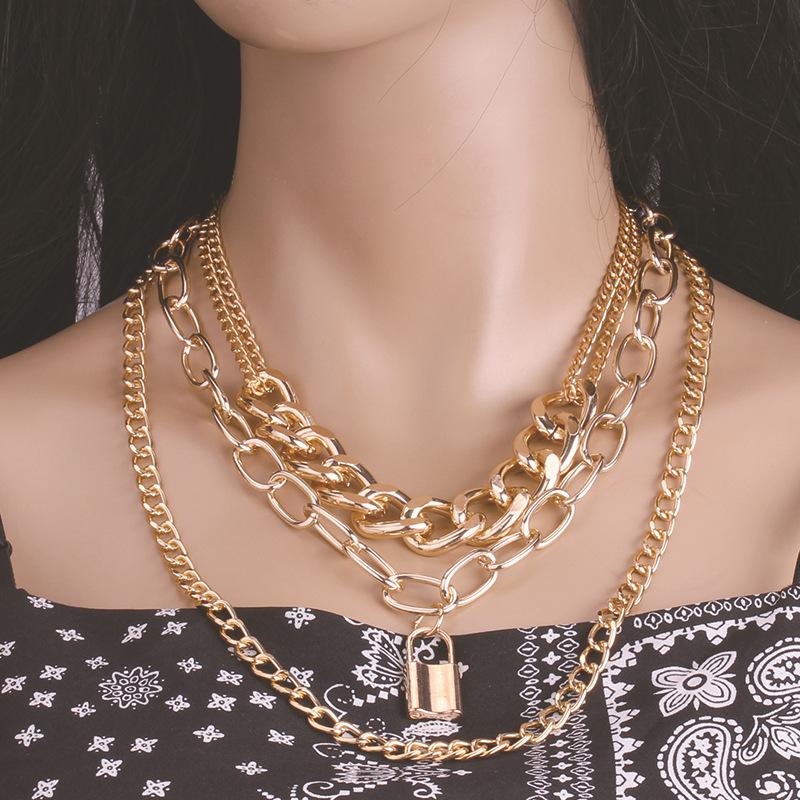 Punk hip-hop exaggerated thick aluminum chain metal multi-layer chain padlock necklace female