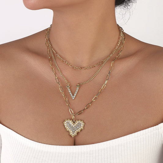 N1174 Exaggerated stacked geometric heart necklace imitation pearl rhinestone micro-inlaid V-shaped hip-hop punk necklace