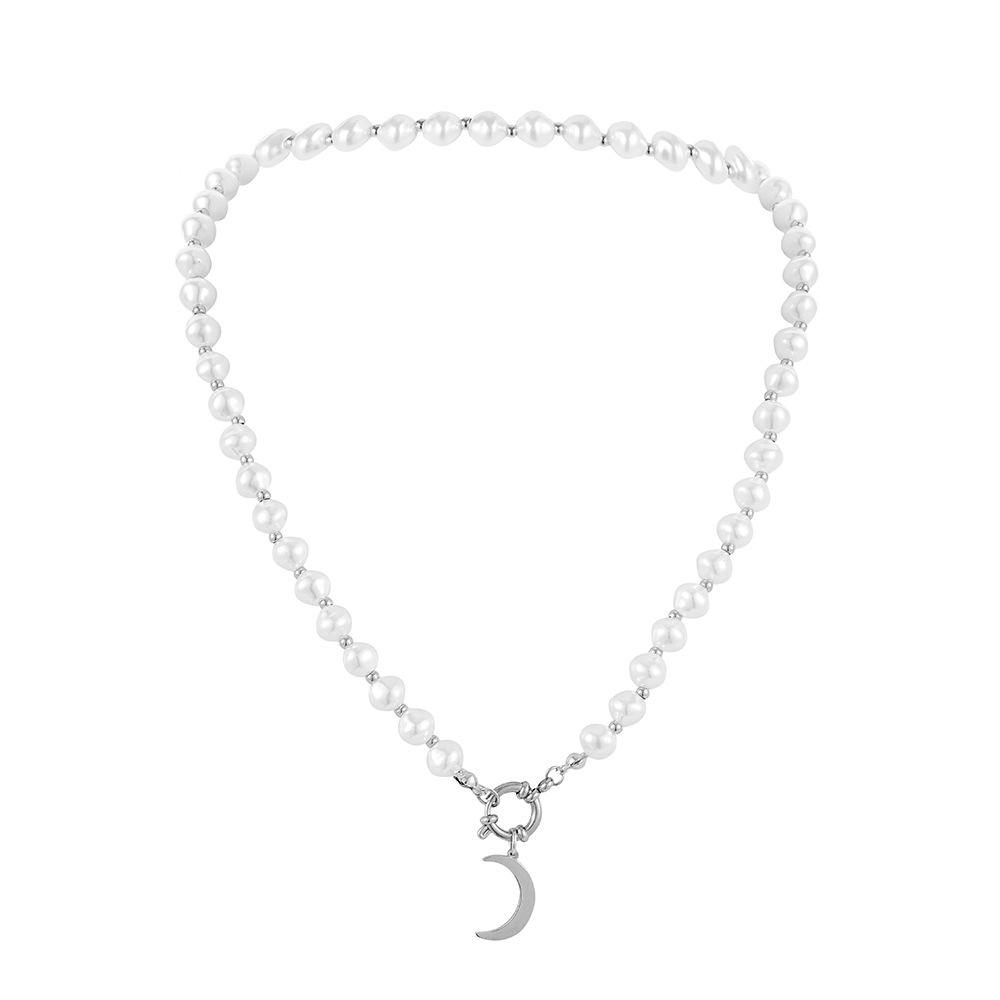 Fashion Harbor Stainless Steel Pearl Moon Lock Necklace Creative Retro Personality Design Versatile Men's Necklace