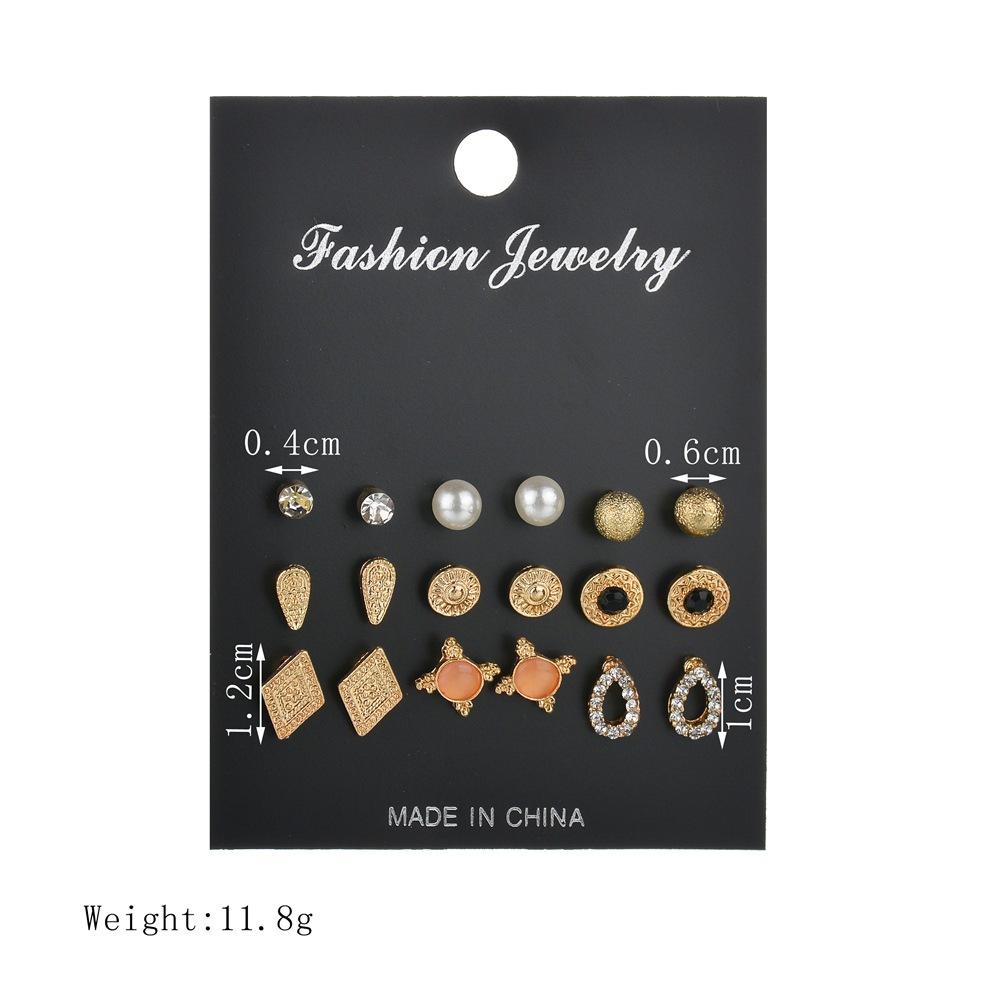 Earrings Popular Rhinestone Pearl Geometric Style 9 Pairs Stud Earring Set Combination