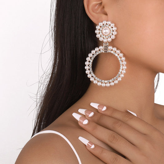 E1447 Exaggerated Circle Earrings Pearl Rhinestone Temperament Light Luxury Earrings Personality Lady Fashion Earrings