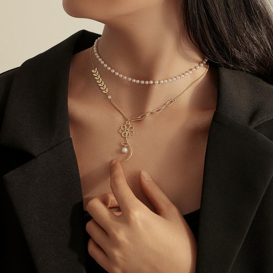 Fashion ins double-layer wheat ear flower pendant personality simple pearl necklace niche design sense female
