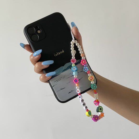 Trendy Mushroom Imitation Pearl Tassel Phone Chain Fashion Street Shot Contrasting Color Smiley Alphabet Bracelet Ornament