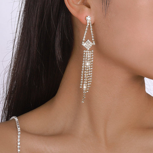 E1545 Geometric Irregular Fashion Earrings Female Exaggerated Rhinestone Tassel Personality Street Shooting Show Earrings