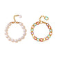Fashion Double Layer Rainbow Drip Oil Cross Aluminum Chain Pearl Bracelet Simple Temperament Elegant Hand Jewelry Women