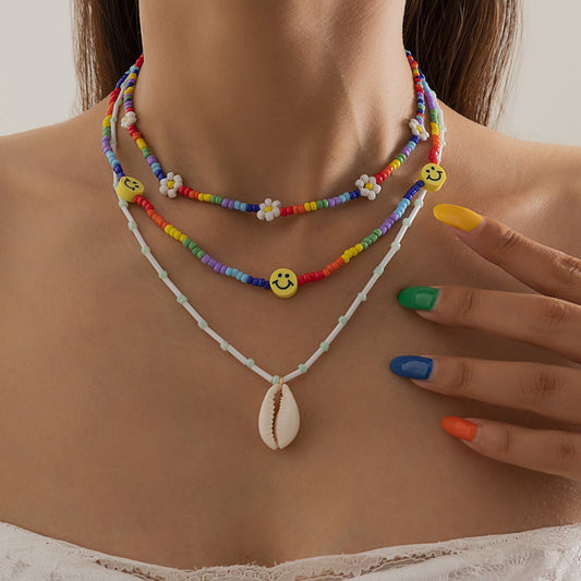 Vacation Shell Smiley Rice Bead Woven Necklace Female Simple Daisy Color Stacked Necklace