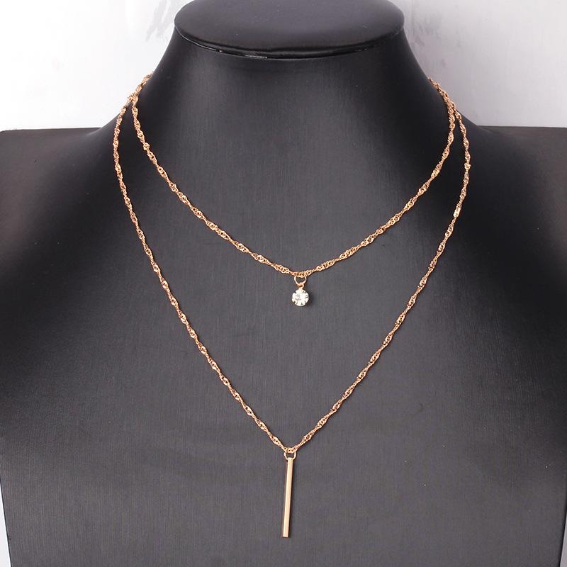 Simple Fashion Temperament Versatile Necklace Frosty Grid Metal Texture Double Layer Necklace Female Diamond Pendant Decoration