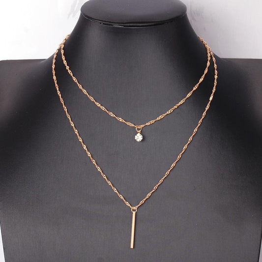 Simple Fashion Temperament Versatile Necklace Frosty Grid Metal Texture Double Layer Necklace Female Diamond Pendant Decoration