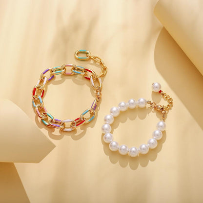 Fashion Double Layer Rainbow Drip Oil Cross Aluminum Chain Pearl Bracelet Simple Temperament Elegant Hand Jewelry Women