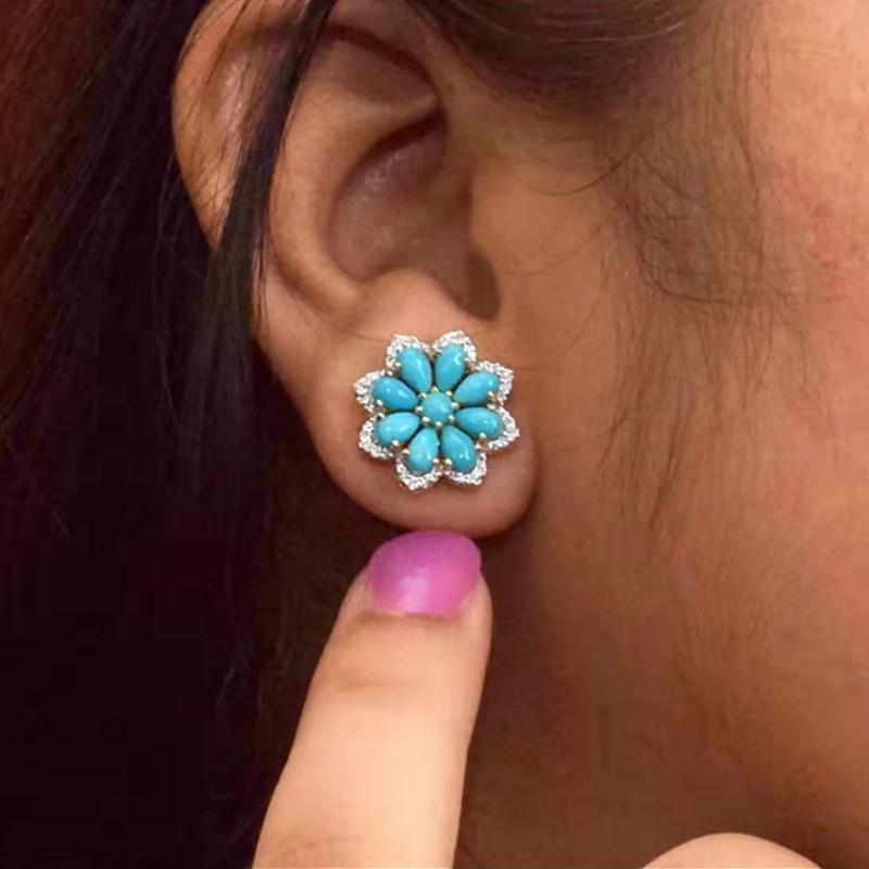 Explosive Bohemia Retro Turquoise Earrings Female Snow Flower Diamond Ancient Silver Earrings Jewelry