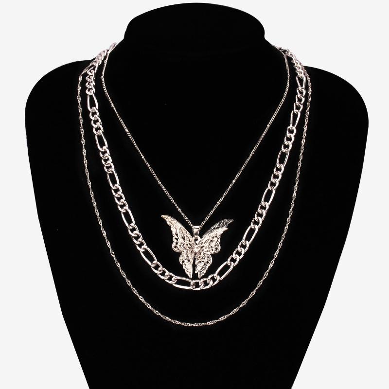Fashion all-match necklace trend personality multi-layer chain with diamond big butterfly pendant necklace neck chain
