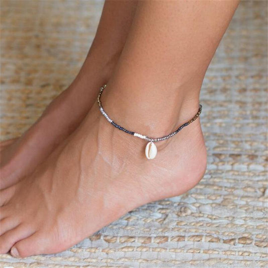 Stretch Single Layer Adjustable Foot Decoration Female Bohemia Shell Color Rice Beads Anklet