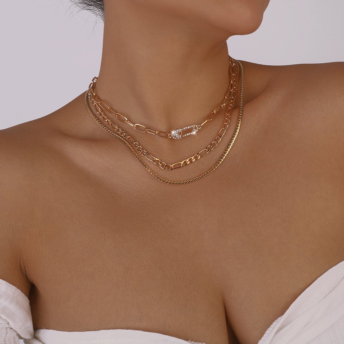 N1292 jewelry stacked multi-layer micro-inlaid pin fashion necklace personalized retro exaggerated necklace