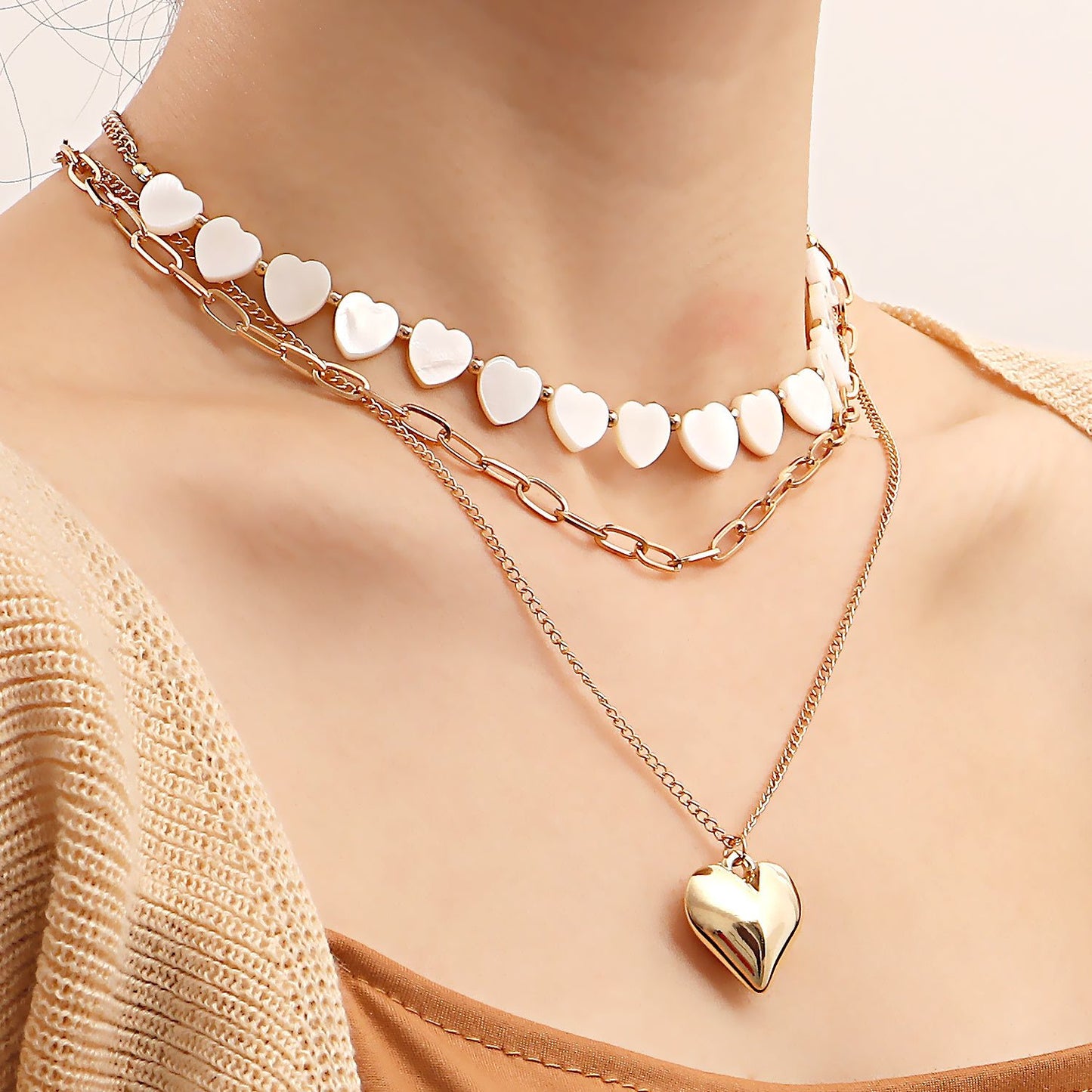 Jewelry ins multi-layer imitation white mother-of-pearl love pendant necklace female exaggerated big peach heart necklace