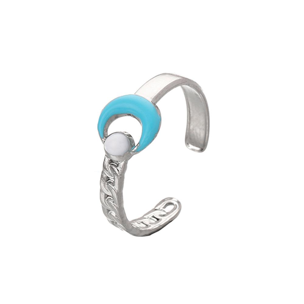 Simple fashion niche ladies stainless steel open chain stripe dripping oil moon adjustable ring