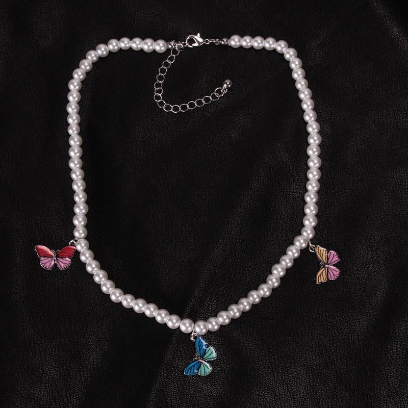 Jewelry personality ins imitation pearl geometric necklace creative retro color butterfly suit necklace