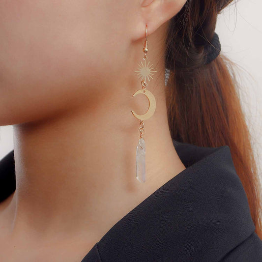 Jewelry retro long tassel transparent semi-precious stone crescent geometric earring female ins hot girl earrings