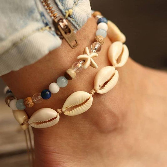 Jewelry Retro Braided Starfish Shell Anklet Colorful Turquoise Multi-Piece Foot Decoration