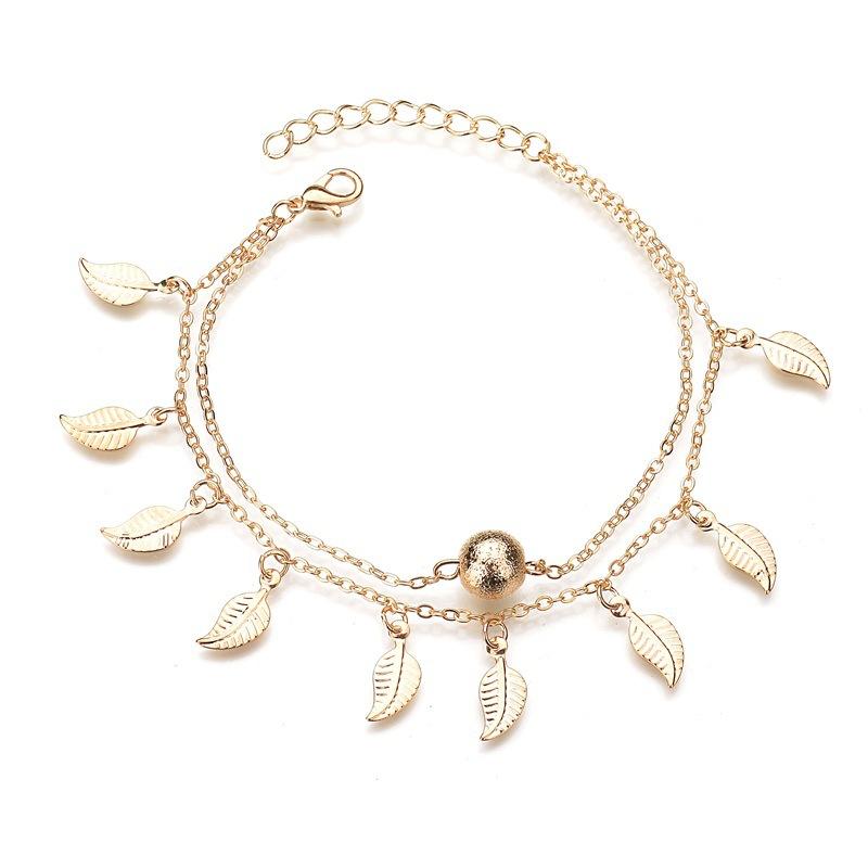 Foot decoration summer cool beach style double-chain tassel small leaf foot decoration double-layer anklet