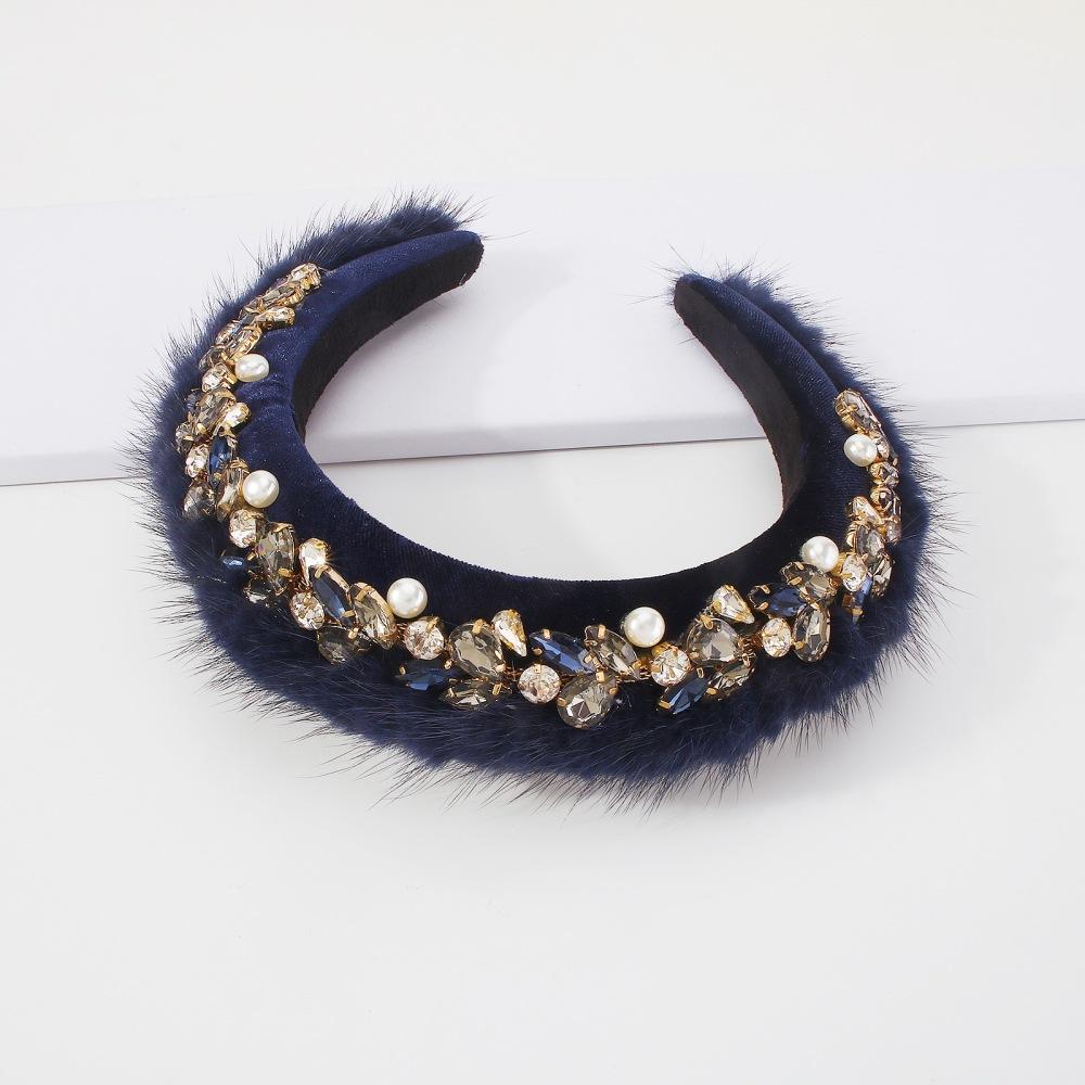 F3658 fabric mink hair ornament pearl catwalk retro hair hoop personalized heavy industry age-reducing head hoop